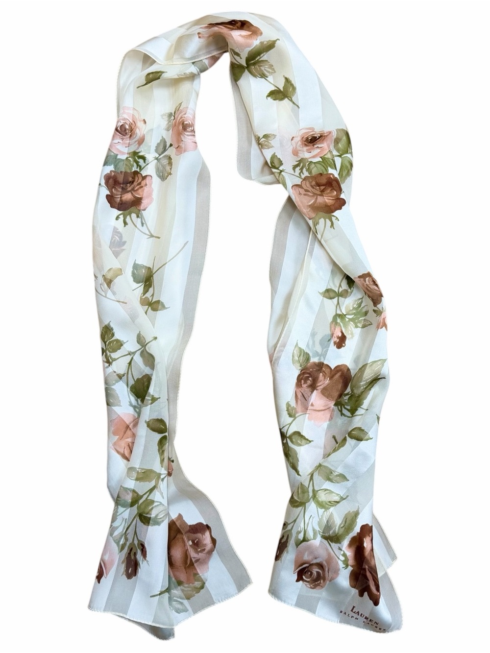 Vintage Lauren Ralph Lauren Women's Cream Striped & Floral Silk Scarf